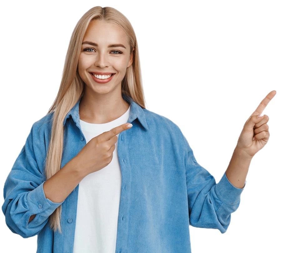 Smiling woman pointing towards contact section at Longevité Collective in Southeast Florida wellness clinic